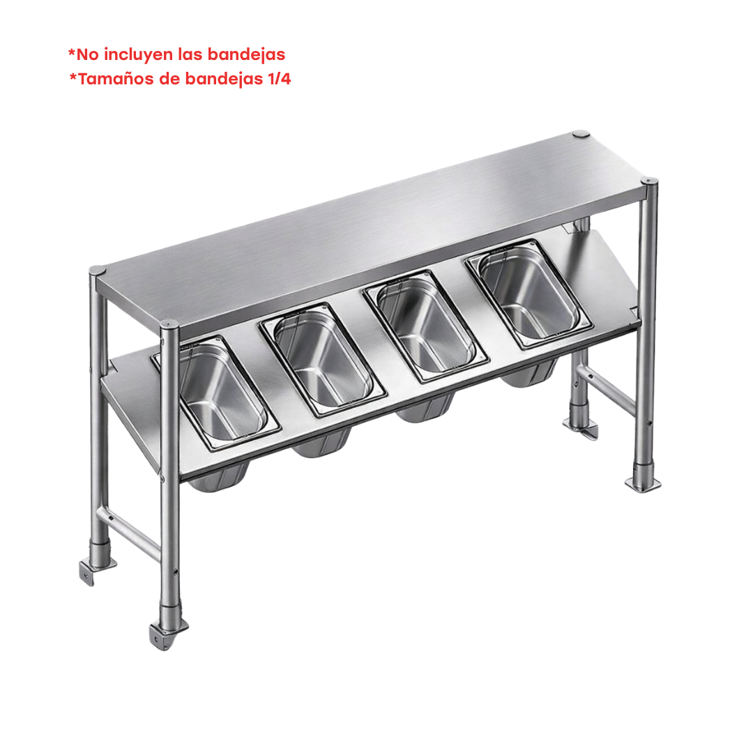 (LLEGANDO 6 DE ABRIL) Repisa Doble Nivel para Mesa de Acero Inoxidable con Organizador de Bandeja GN PAN 1/4 (No incluyen las bandejas) 3 Largos Disponibles