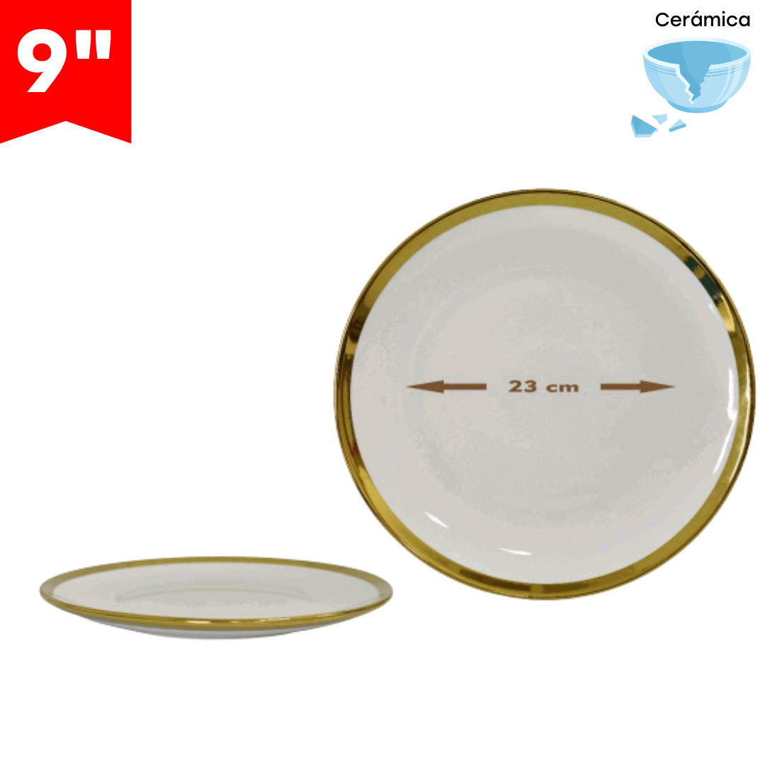 Plato de Cerámica 9" con Bordes Dorado 87654