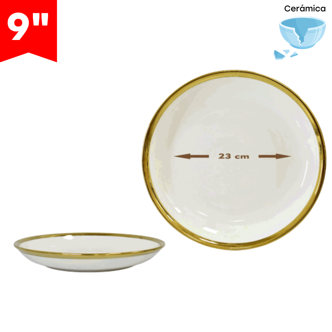 Plato de Cerámica 9" con Bordes Dorado 87638