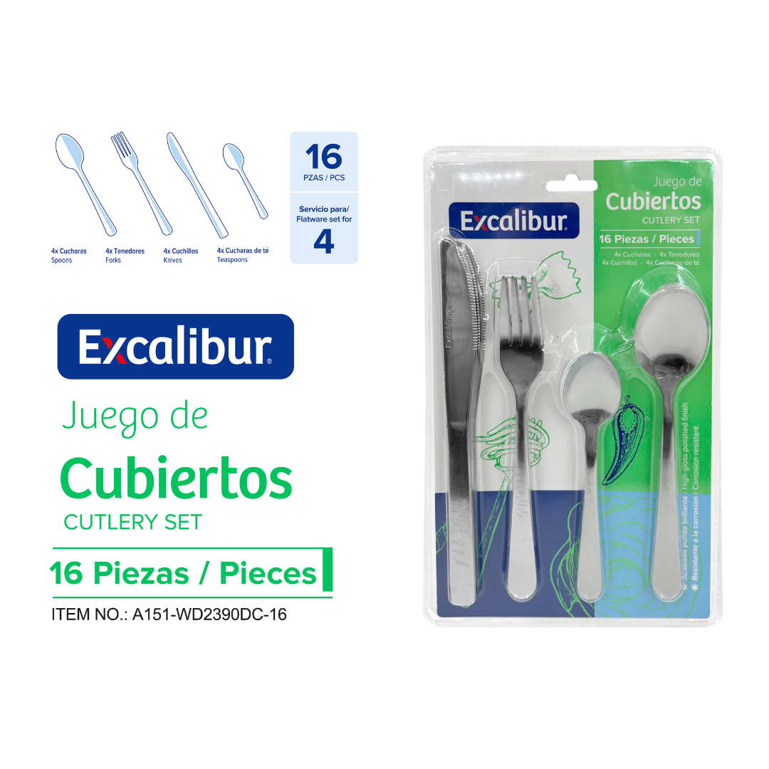 Set de 16 Cubiertos de Acero Inoxidable Excalibur A151-WD2390DC-16