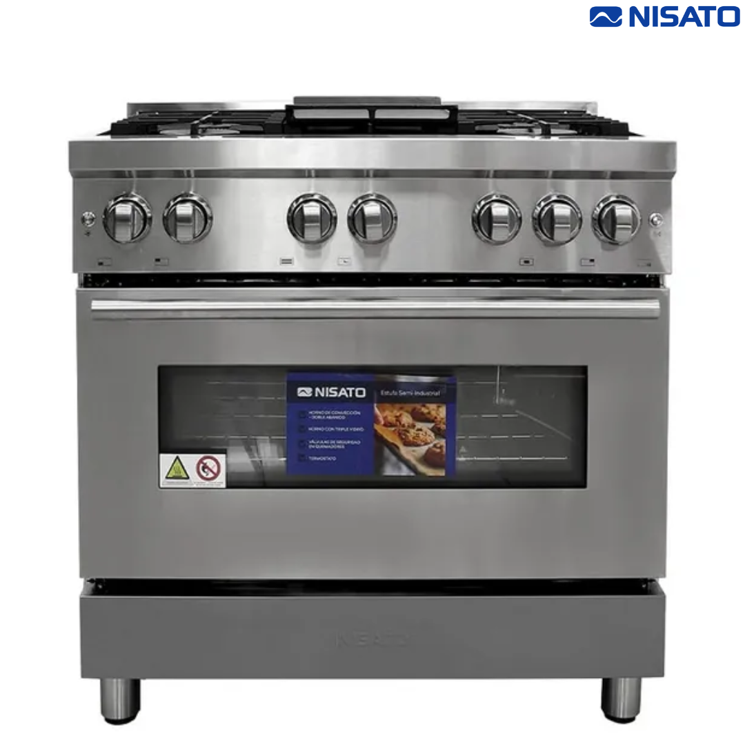 Estufa con Horno Semi-Industrial 36" 5 Quemadores a Gas + Plancha Acero Inoxidable Nisato NPX-9076RS7