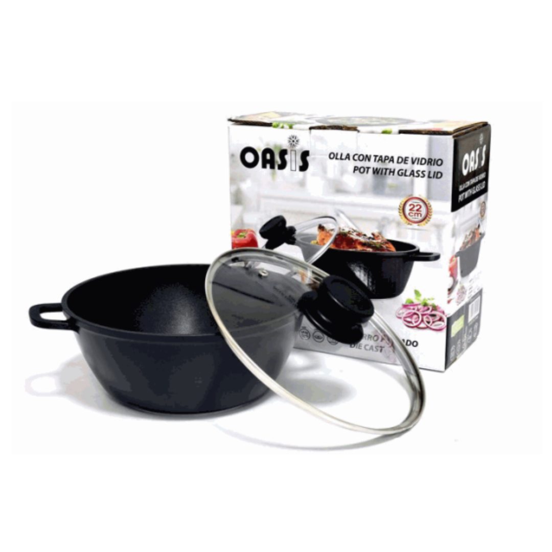 Olla de Hierro Forjado con Tapa de Vidrio 22cm Oasis OS-8122 Cacerola.