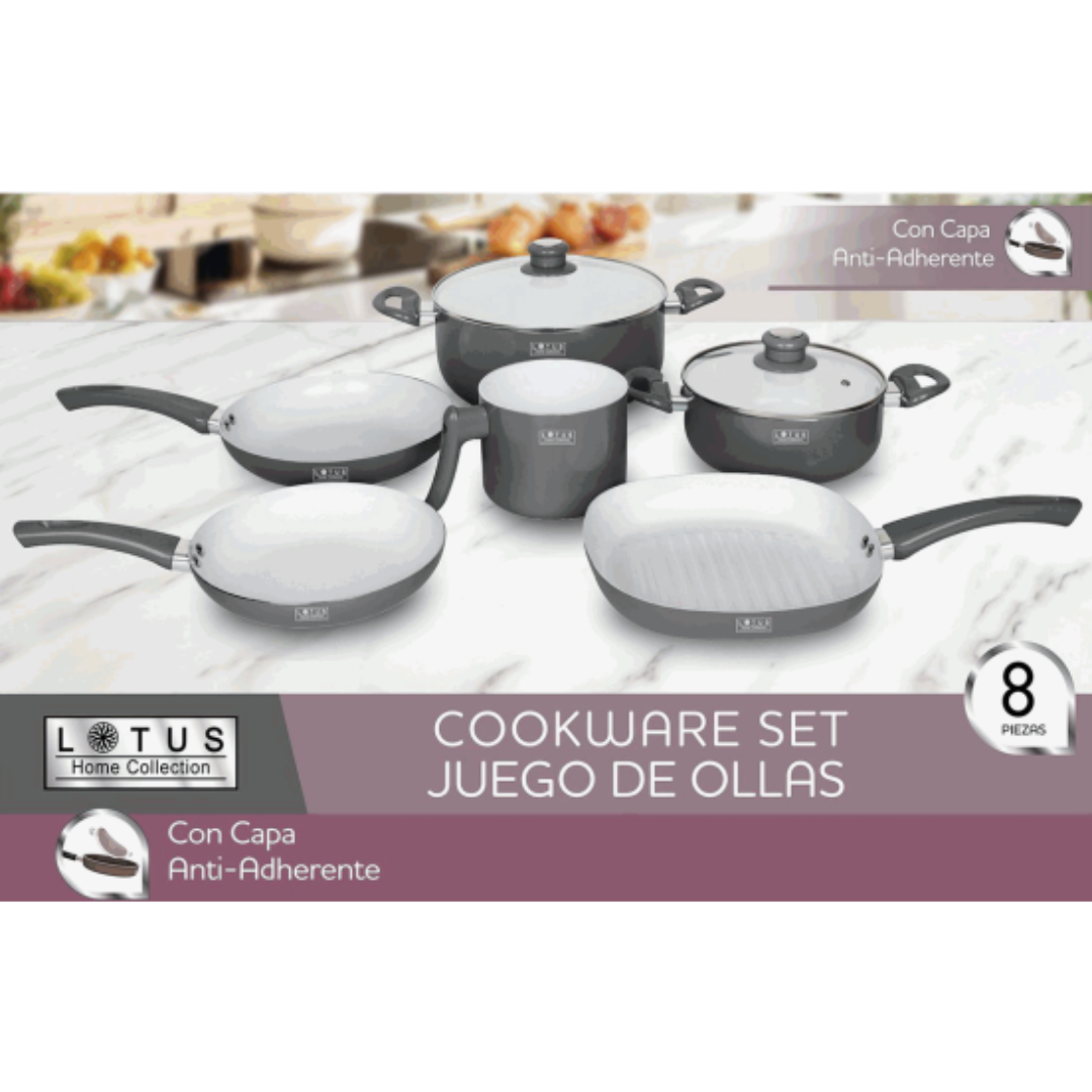 Set de 8 Ollas con Sartenes con Tapas Antiadherentes Gris/Blanco Lotus LHC-8PCS-004-GREY