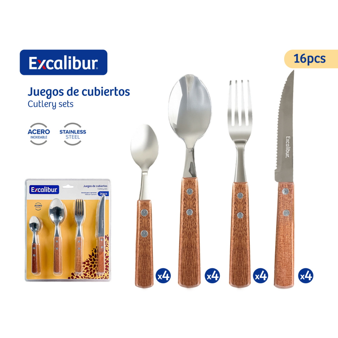 (LLEGANDO 5 DE MAYO) Set Juego de 16 Cubiertos de Acero Inoxidable Excalibur A151-WD2301-16B