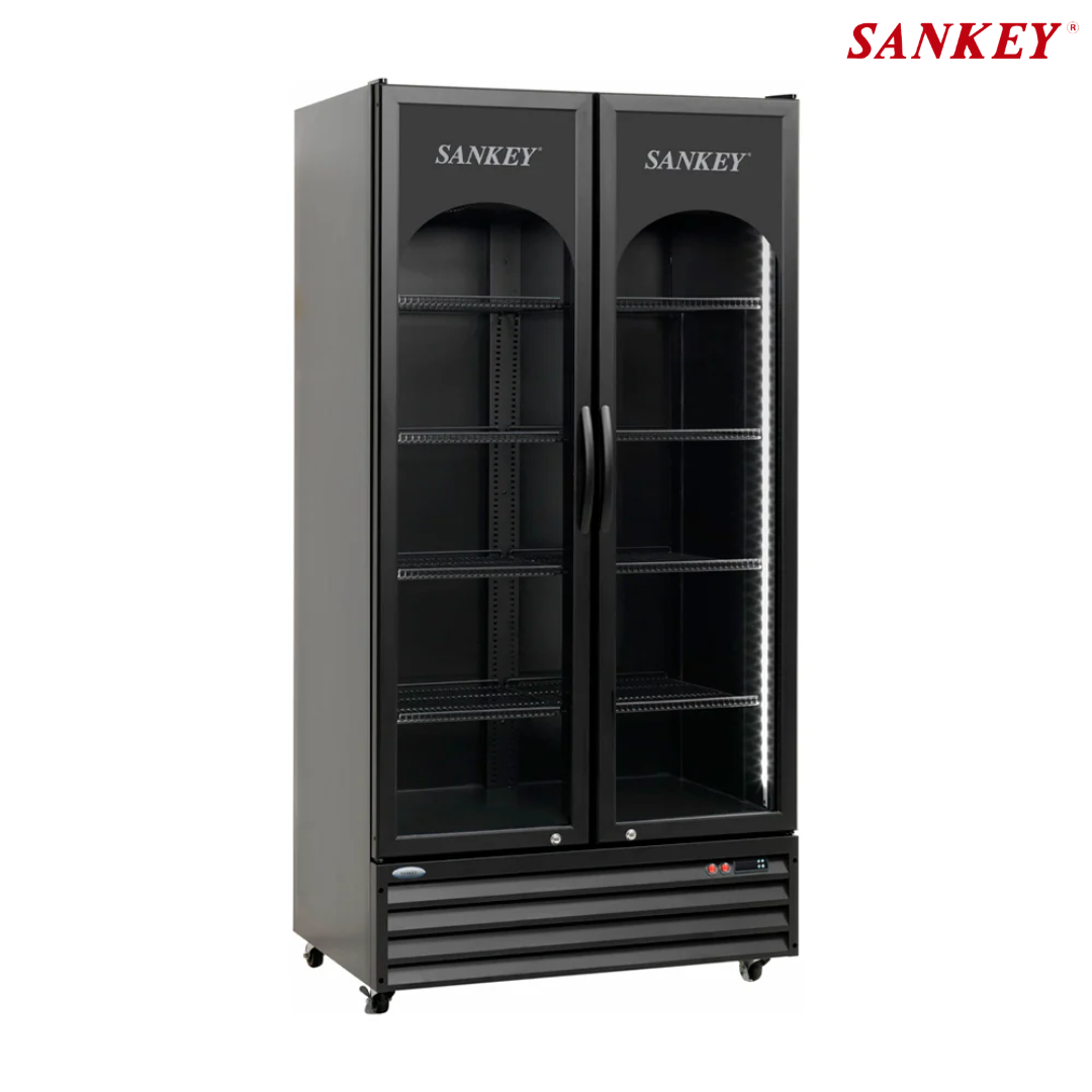 Vitrina Enfriador Refrigeradora Comercial de 2 Puertas 25.78p3 Cierre Automático Seguridad con Llave Color Negro Sankey RFD-3563SBL Nevera.
