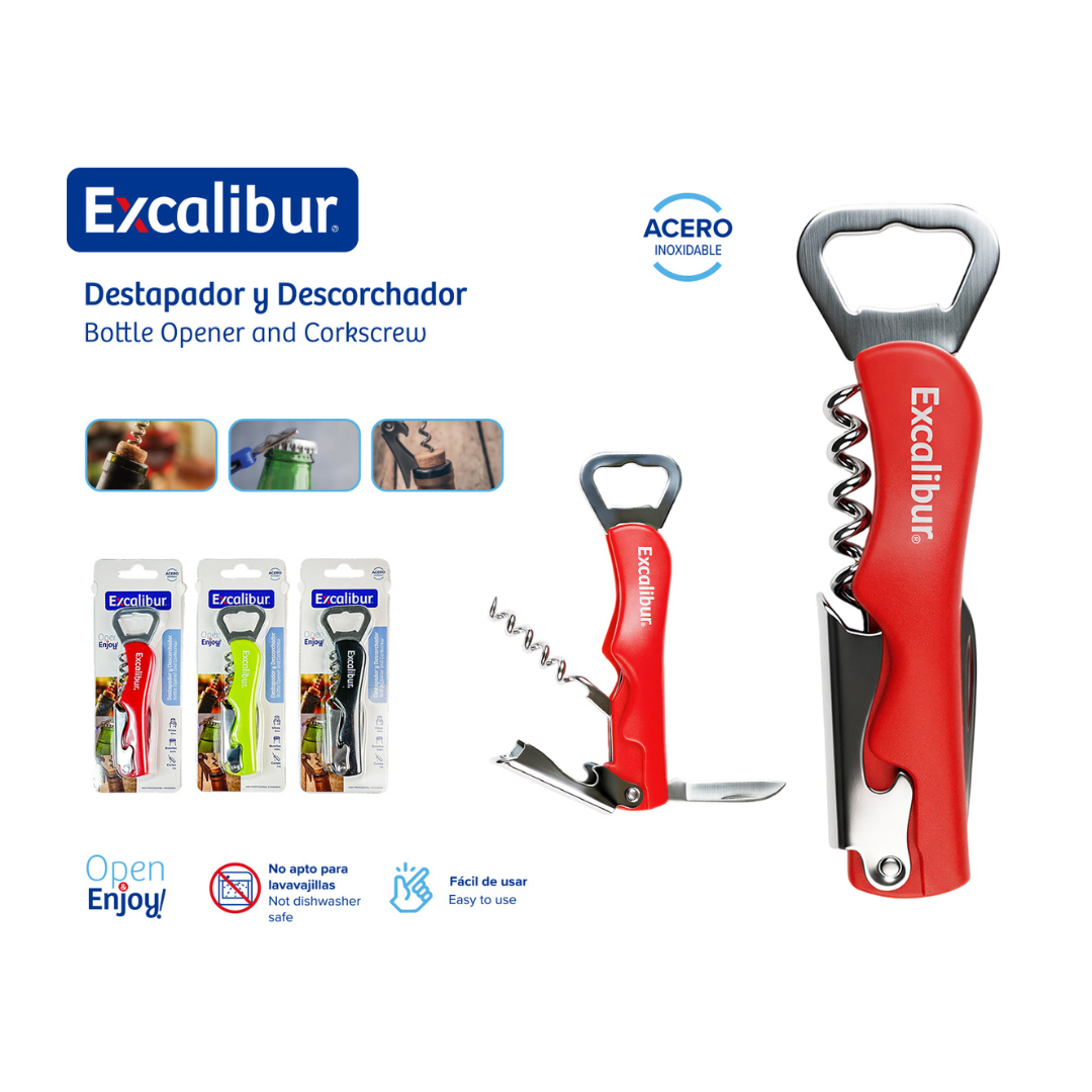 Abridor de Botellas Sodas con Saca Corchos para Vinos Excalibur A019-DB087 Destapador.