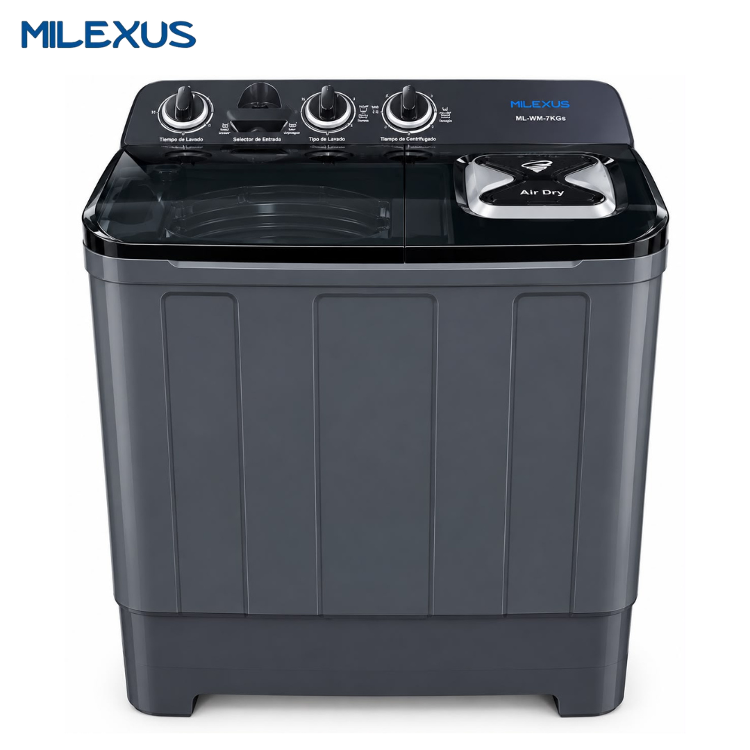 Lavadora Semiautomática Milexus 7 kg / 15.4 lb de Doble Tina para Lavado y Centrifugado Sin Bomba 110V Color Negro ML-WM-7KGS-110V