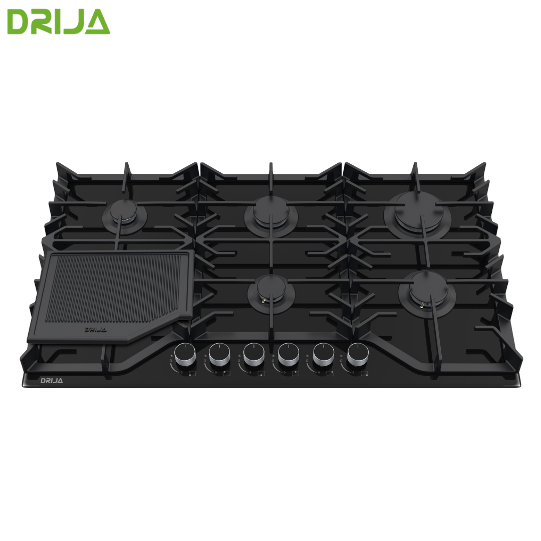 Estufa Empotrable a Gas Drija Toscana 91 PRO-B de 91 cm con 6 Quemadores SABAF, Vidrio Templado Negro, Parrillas de Hierro Fundido y Encendido Eléctrico