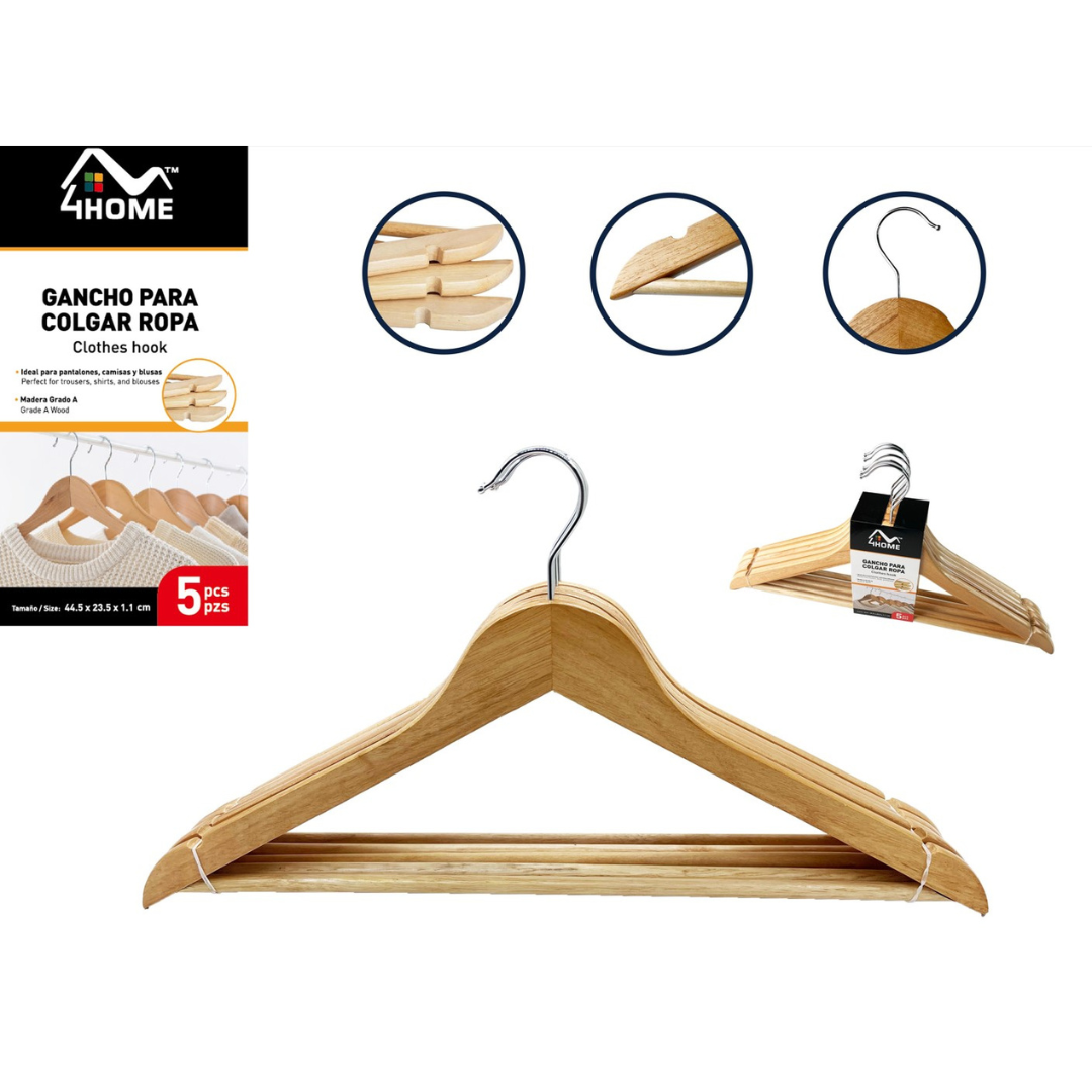 (LLEGANDO 26 DE FEB) Set 5 Percha de Madera para Ropa con Barra Inferior 44x23x1.2cm Home A164-HM-W05 Gancho.