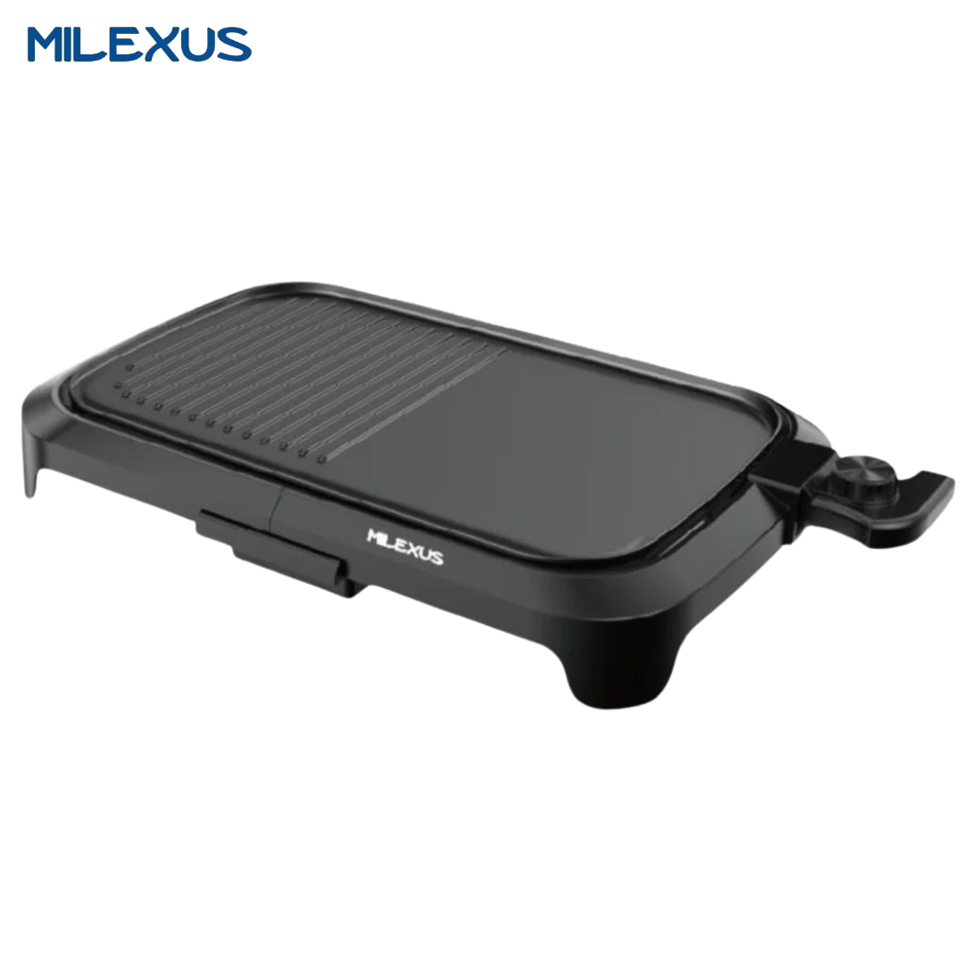 Plancha Grill Eléctrica Milexus ML-PG123 sin Tapa, Parrilla Antiadherente 2 en 1 Lisa y Acanalada, Color Negro