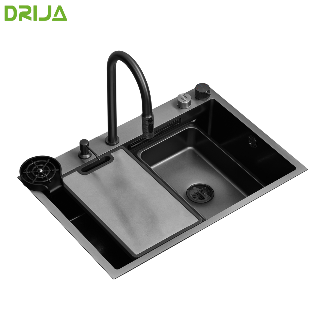 (POR PEDIDO) Fregador de Cocina de Lujo Drija Cirella 68 de 68 cm en Acero Inoxidable 304 Satinado con Grifería Extraíble, Cascada, Enjuagador de Vasos y Accesorios Incluidos