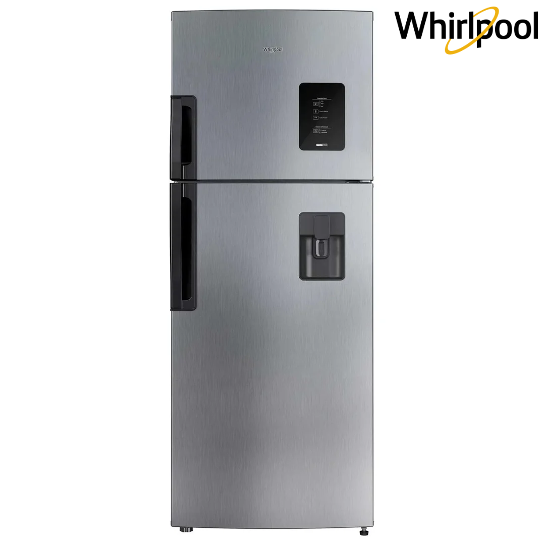 Refrigeradora Whirlpool WRW45AKTWW 435 Litros No Frost Top Mount 15p3 con Dispensador de Agua, Panel Touch y Acero Inoxidable Antifingerprint Nevera.