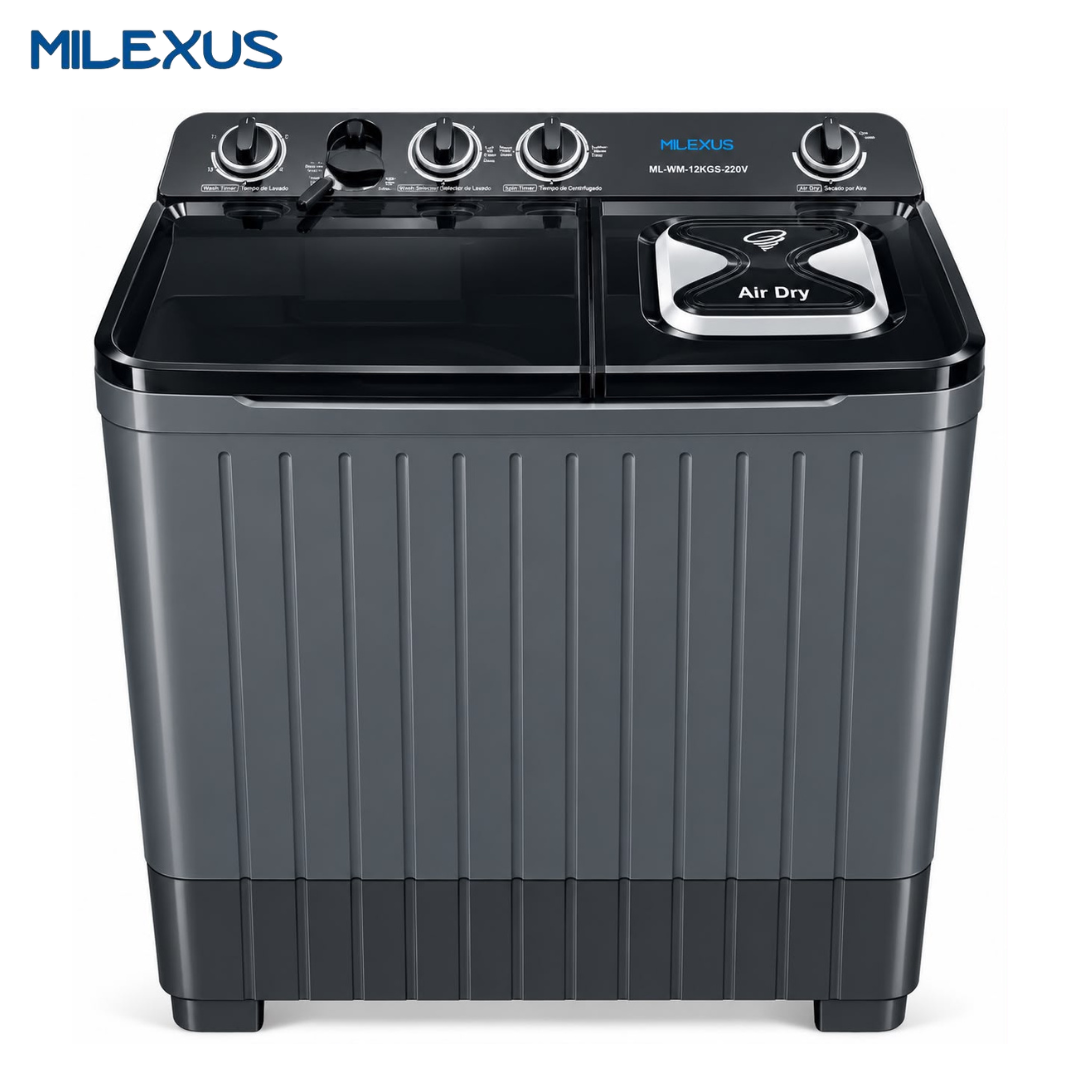 Lavadora Semiautomática Milexus 12 kg / 26.5 lb con Bomba de Drenaje, Doble Tina para Lavado y Centrifugado 110V Negra ML-WM-12KG-110V