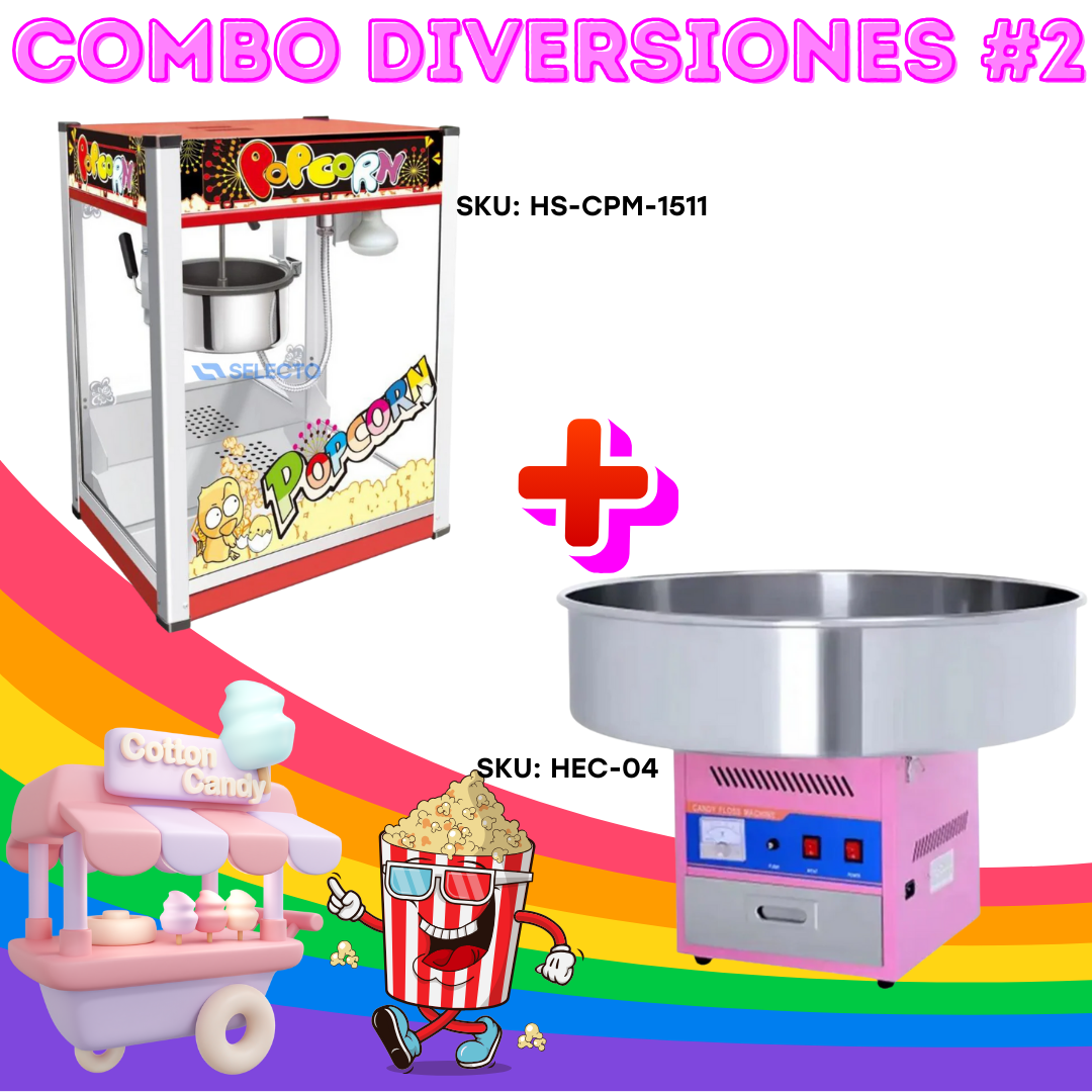 Combo Diversiones #2 Máquina de Popcorn 6oz HS-CPM-1511 + Máquina de Algodón de Azúcar HEC-04 Millo. Palomitas.