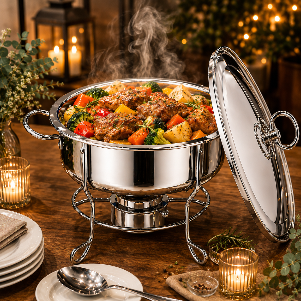 (LLEGANDO 3 DE JULIO) Chafing Dish Redondo de Acero Inoxidable 6 Litros con Tapa | Calentador para Buffet y Catering FSK11220