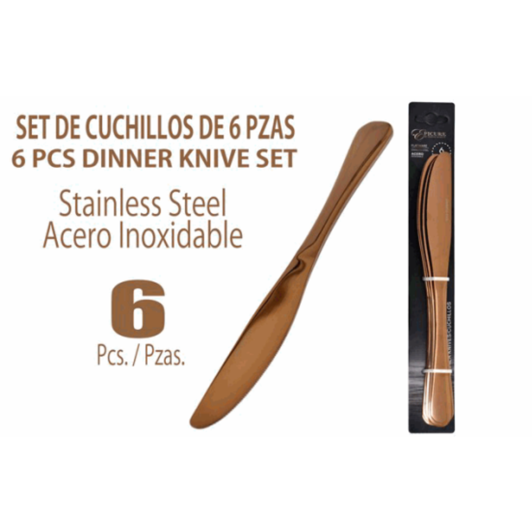 Set de 6 Cuchillos de Mesa de Acero Inoxidable Dorado EP-6KN-RG3