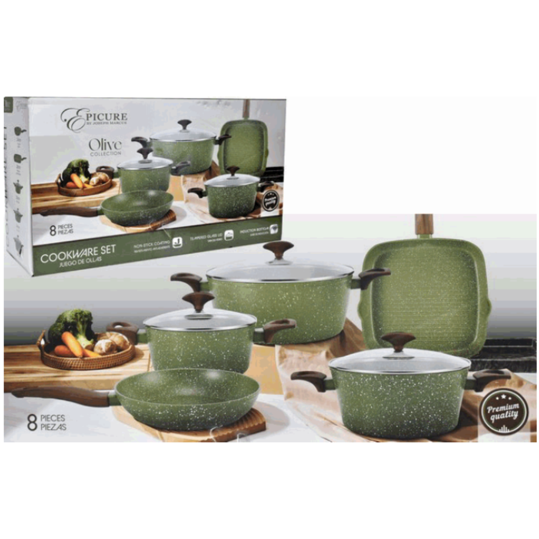 (LLEGANDO 16 DE ENERO) Juego de Ollas y Sartenes con Tapa 8 Piezas Olive EP-8PCS-065