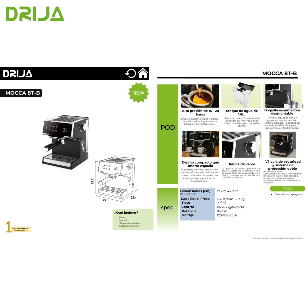 Cafetera Automática 8 Tazas 1.6L para Espresso Expresso Capuccino MOCCA 8T-B Drija