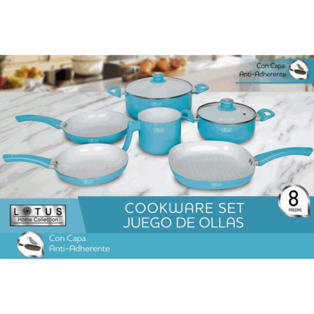 Set de 8 Ollas con Sartenes con Tapas Antiadherentes Celeste/Blanco Lotus LHC-8PCS-004-BLUE