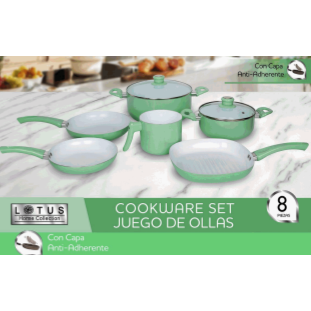 Set de 8 Ollas con Sartenes con Tapas Antiadherentes Verde/Blanco Lotus LHC-8PCS-004-GREEN