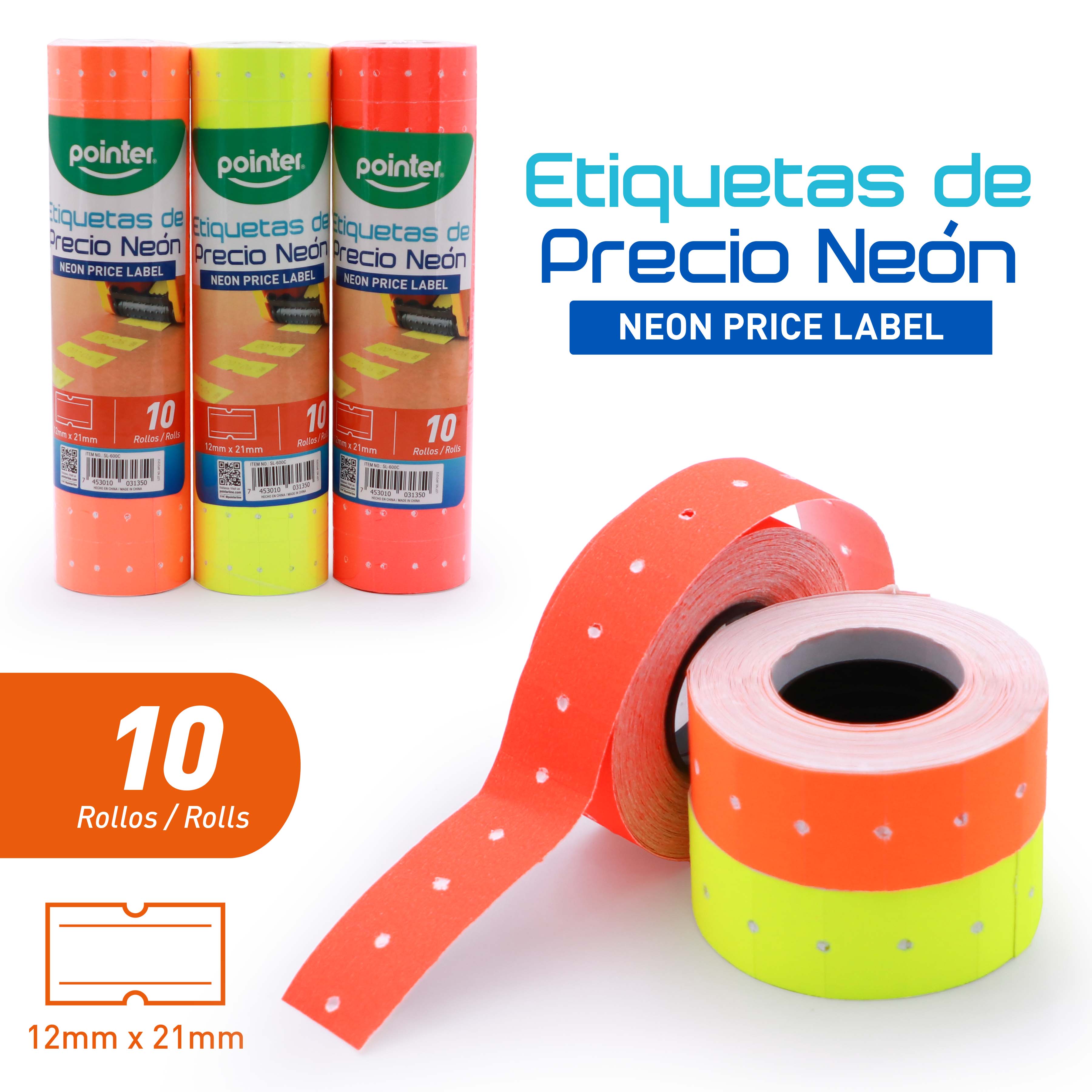(LLEGANDO 3 DE JULIO) Etiquetas de Precio Neón Pointer 12x21mm | Paquete de 10 Rollos Compatible con PLM-100 SL-600C