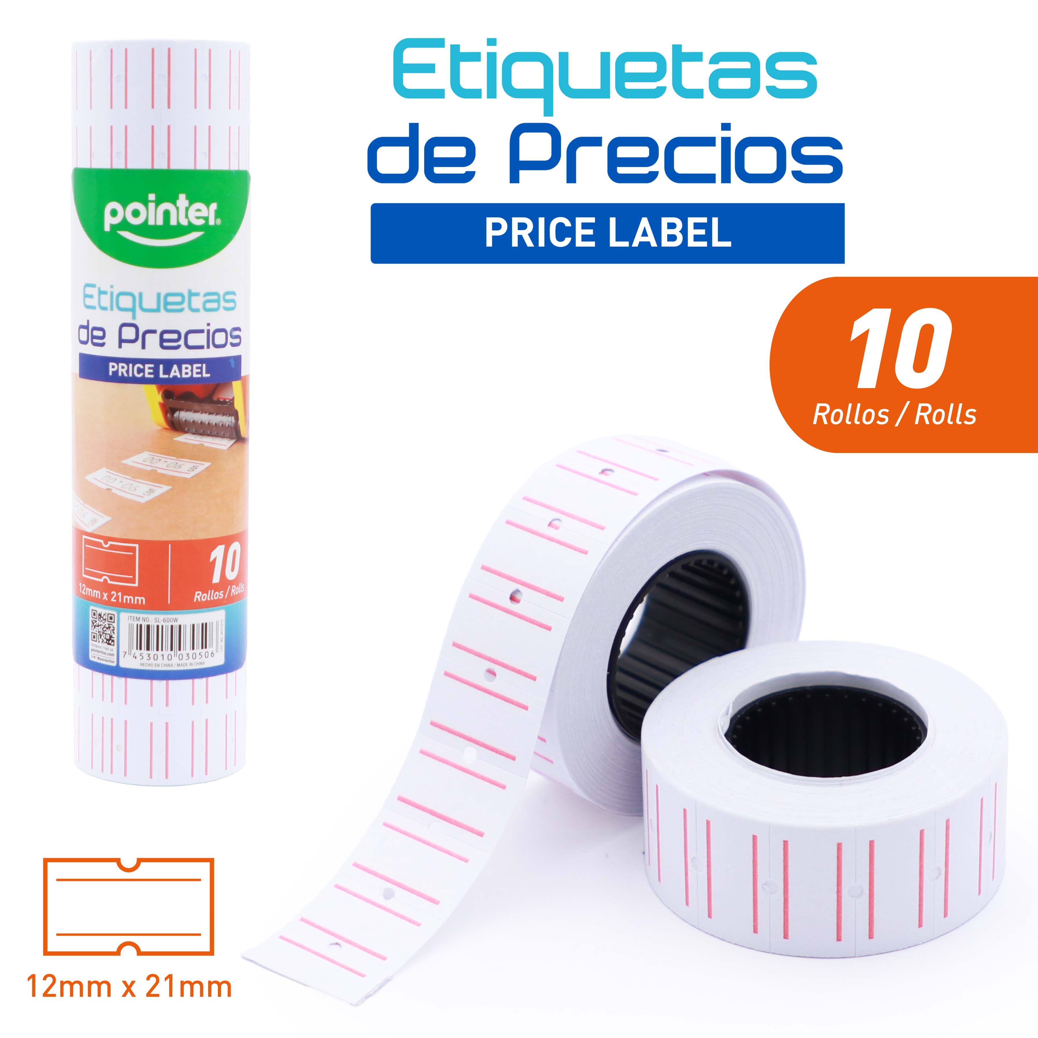 (LLEGANDO 5 DE MAYO) Rollo de 10 Etiquetas para Precios Blanco 21x12mm Pointer SL-600W Compatible con PLM-100