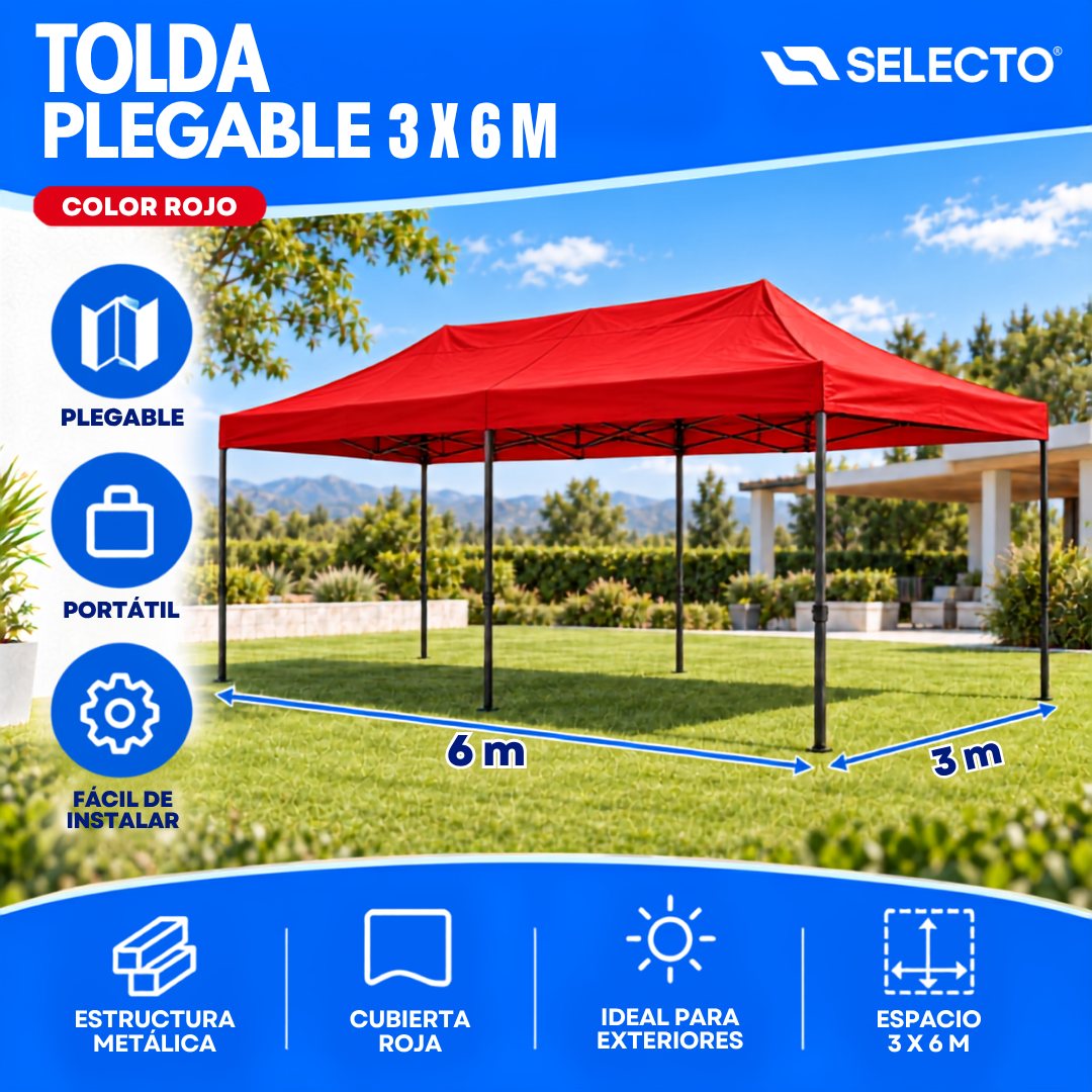Tolda Plegable 3x6m Rojo HS-PTJG-036RD Gazebo. Carpa.