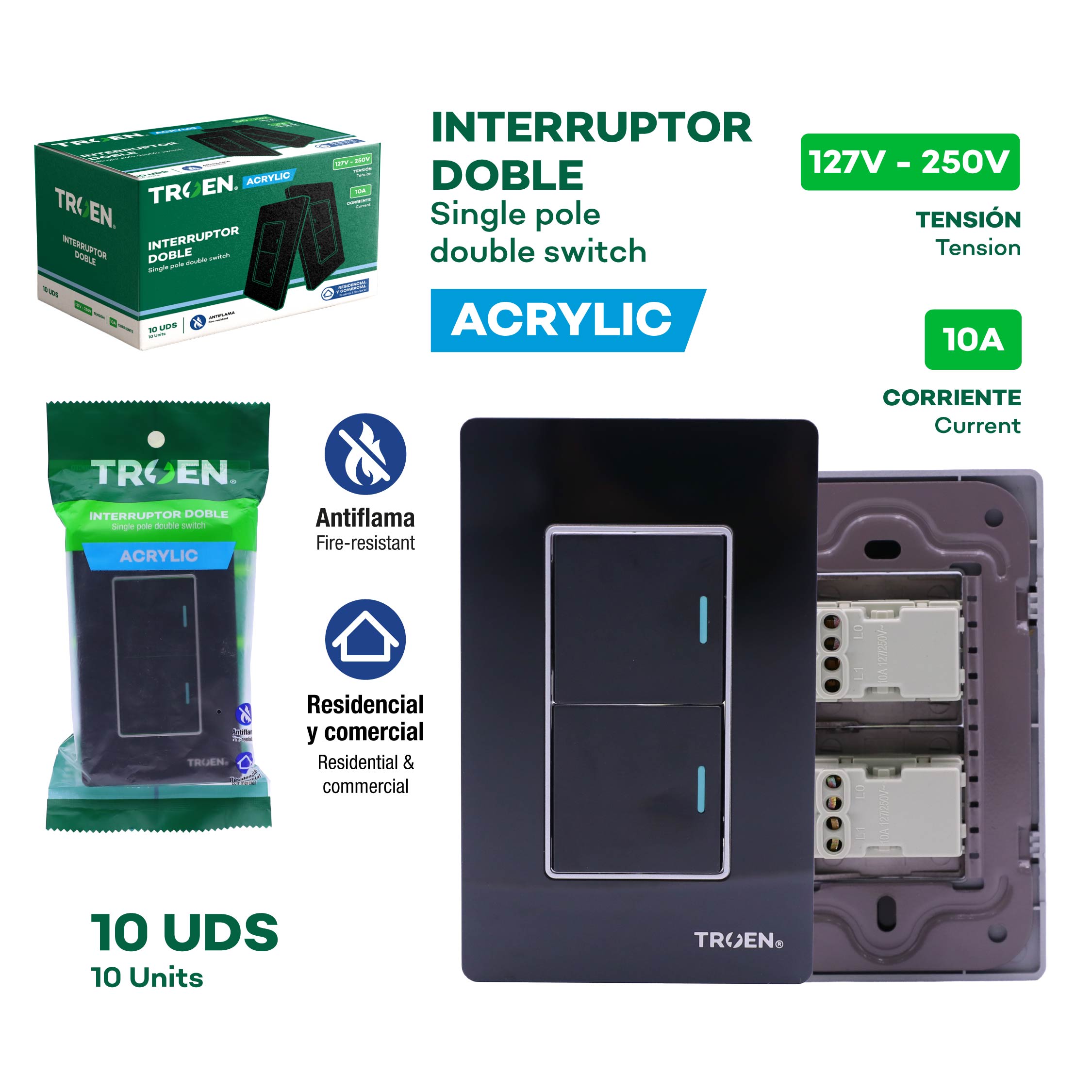 (LLEGANDO 3 DE JULIO) Interruptor Doble Acrílico TROEN 127V–250V 10A Color Negro TR-ATB-2K