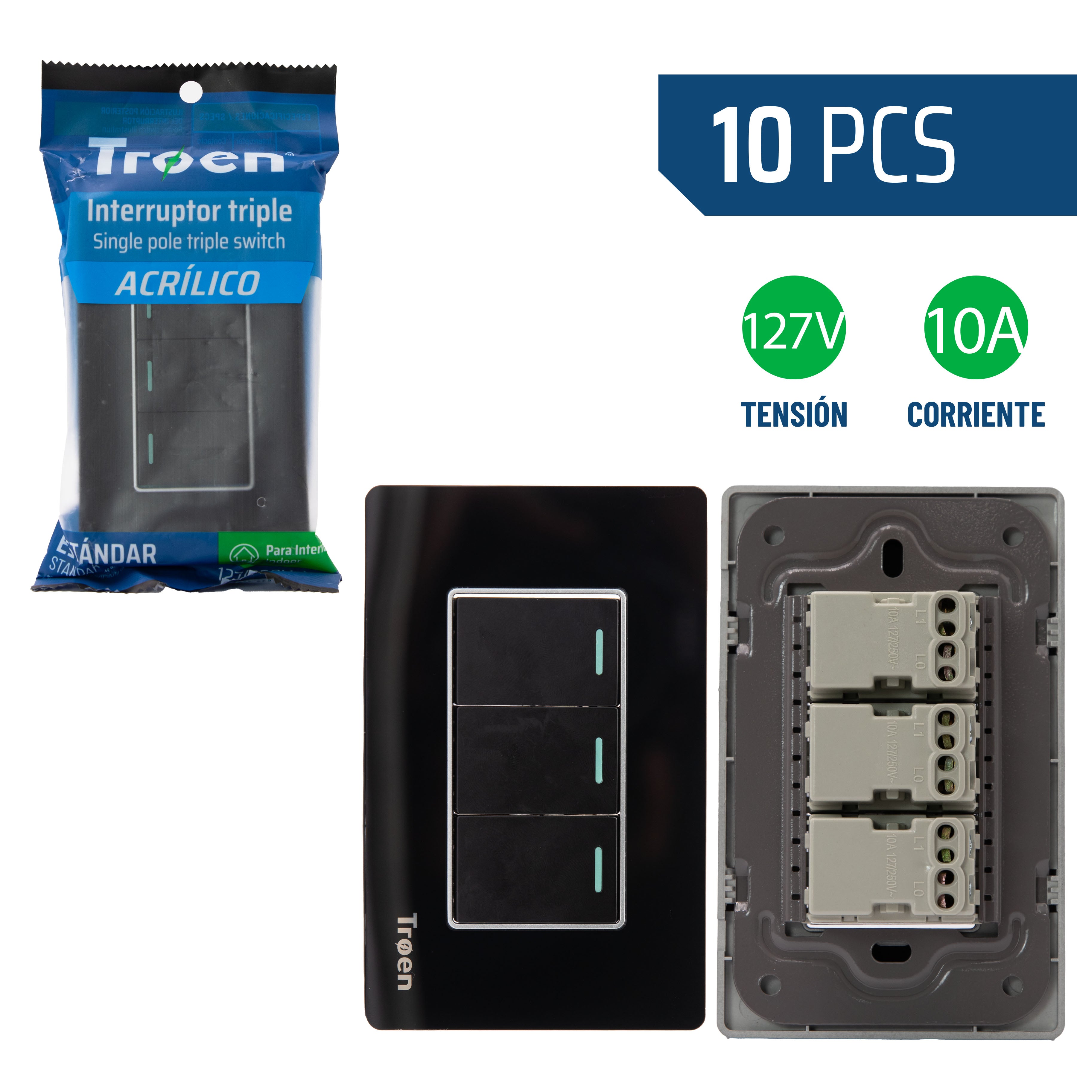 (LLEGANDO 3 DE JULIO) Interruptor Triple Acrílico TROEN 127V 10A Color Negro TR-ATB-3K
