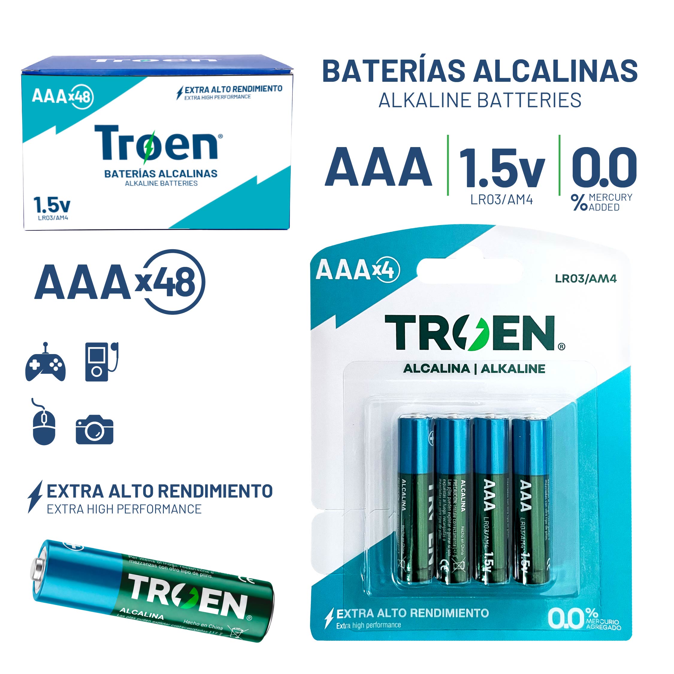 Baterías Alcalinas AA TROEN 1.5V | Pack de 4 | TR-KL-AA-4