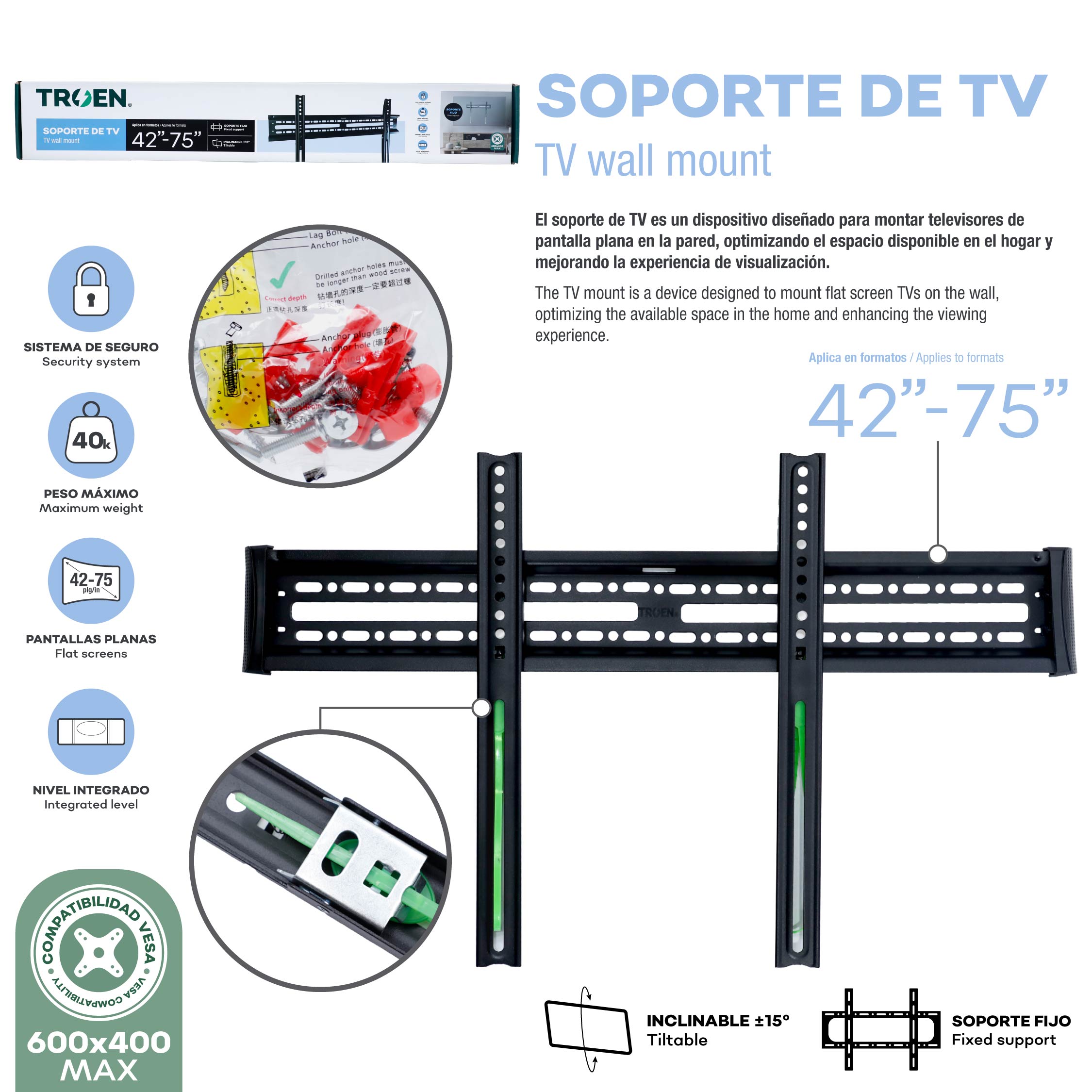 Soporte de TV Fijo Inclinable TROEN para Pantallas de 42" a 75" | TR-TVFB-4275