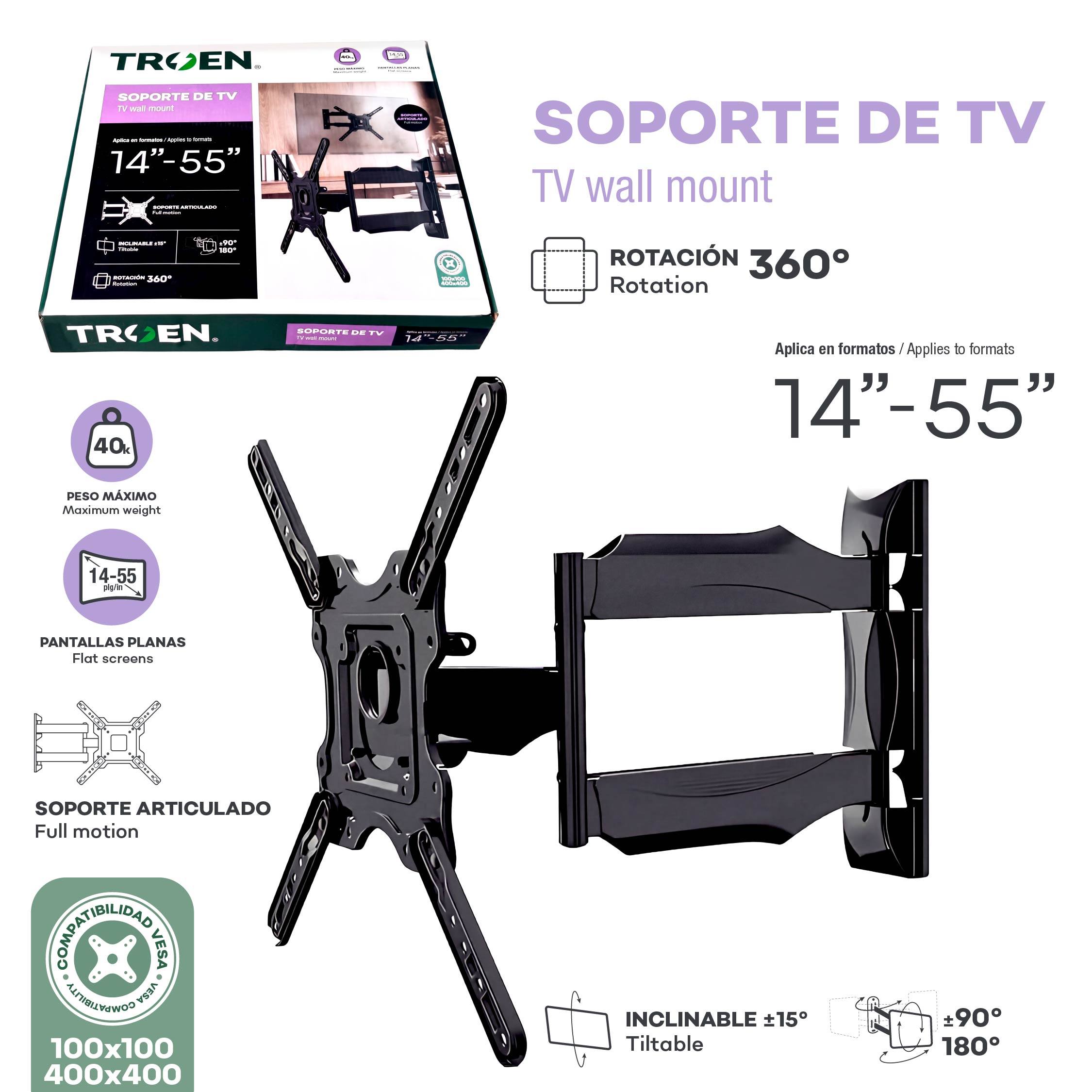 Soporte de TV Articulado TROEN para Pantallas de 14" a 55" | TR-TVRB-1455