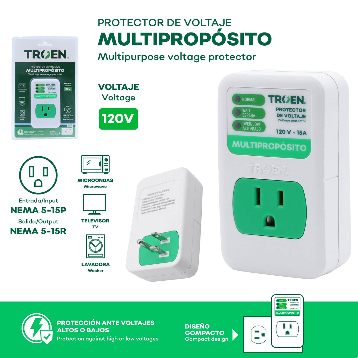 (LLEGANDO 25 DE SEPT) Protector de Voltaje Multipropósito 120V 15A para Electrodomésticos Troen TR-VP15-120