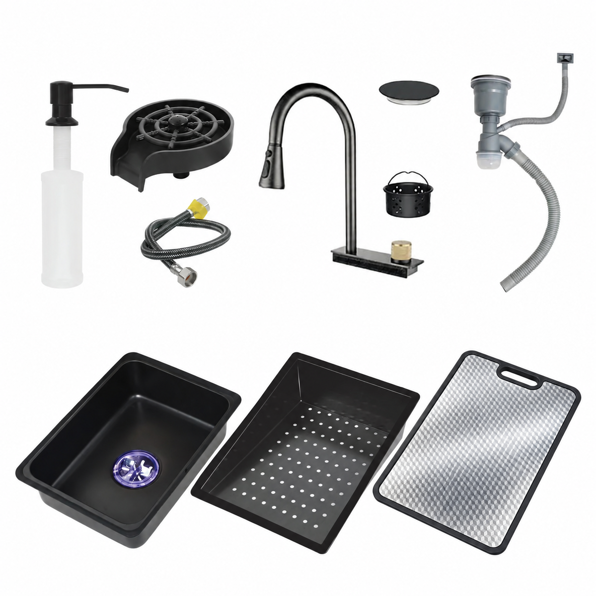 Fregador De Cocina Sencillo Con Accesorios 750X460x220mm Negro Plomo Fregadores Tinas De Cocina IBK-02