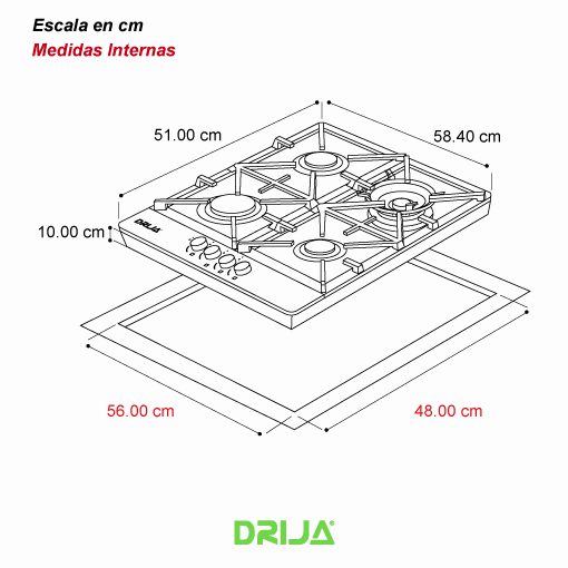 Estufa Empotrable 24" 4 Quemadores Vidrio Templado Toscana 60 Drija