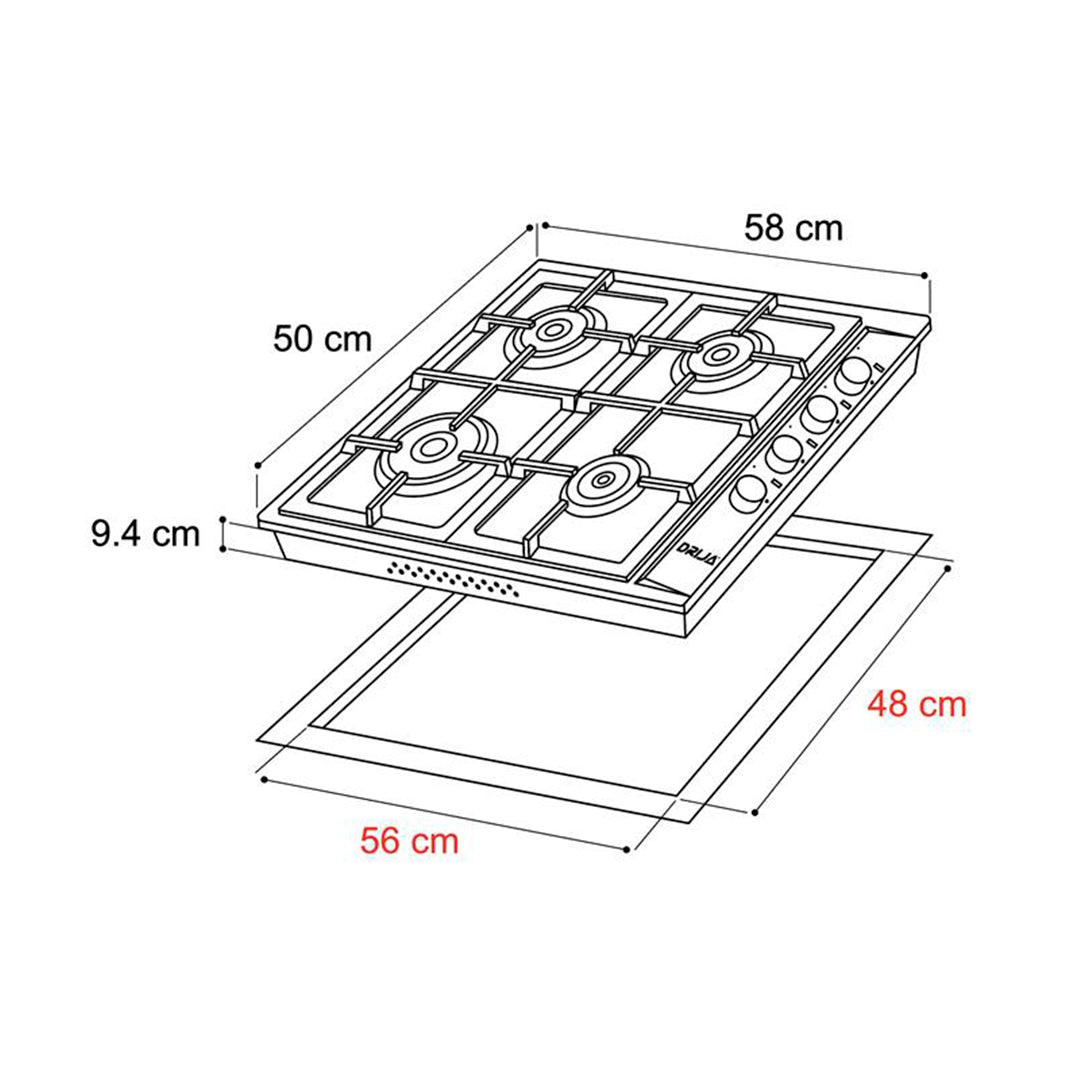 Estufa Empotrable a Gas de 4 Quemadores Acero Inoxidable Turin 60 Drija