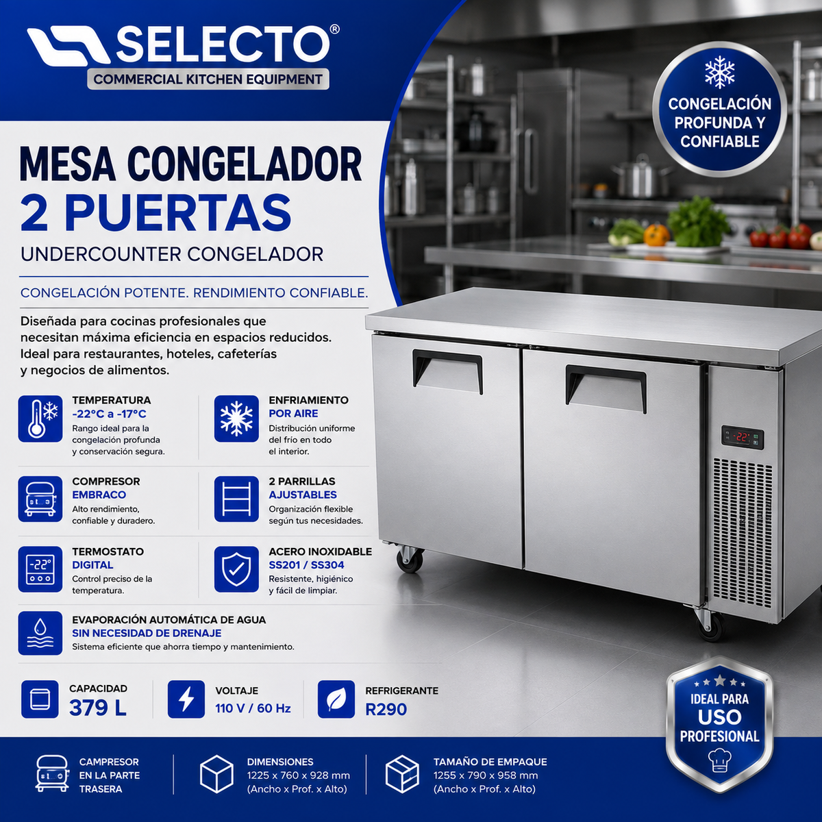 Congelador Bajo Encimera de 2 Puertas 379L 110V/60Hz Acero Inoxidable Undercounter Congelador. Mesa Congelador. Freezer. UNDF-02