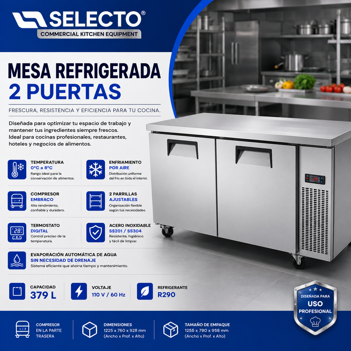 Refrigerador Bajo Encimera de 2 Puertas 379L 110V/60HzAcero Inoxidable Undercounter Refrigerado. Mesa Refrigerada. UNDR-02