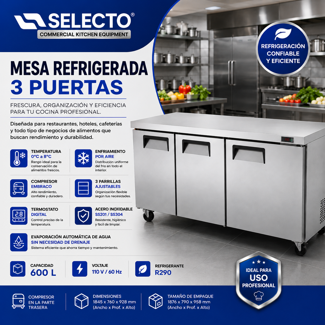 Refrigerador Bajo Encimera de 3 Puertas 600L Acero Inoxidable 110V/60Hz Undercounter Refrigerado. Mesa Refrigerada. UNDR-03