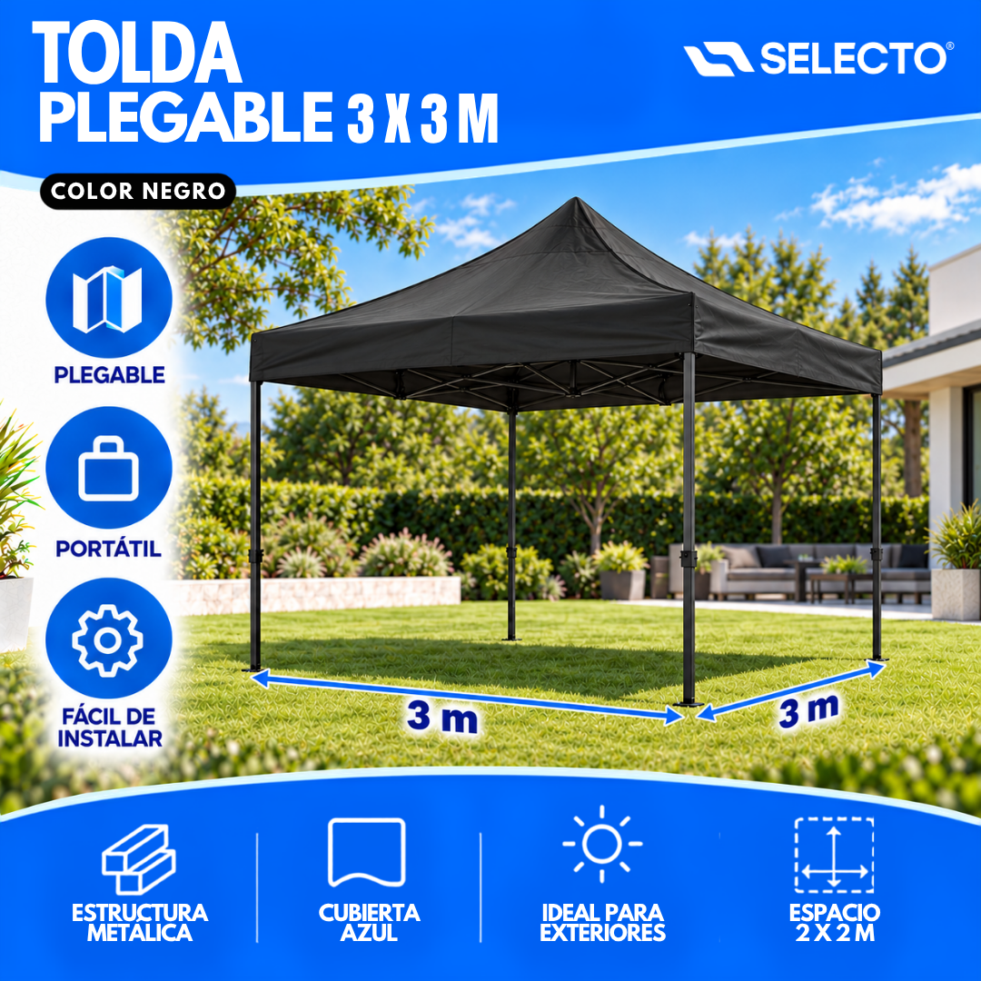 Tolda Carpa Plegable Gazebo 3x3 Metros Negra Portátil para Exteriores HS-PTJG-033BK