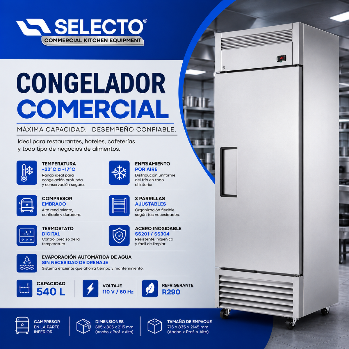 Congelador Freezer Vertical Industrial Comercial de Acero Inoxidable 1 Puerta 540L 110V/60Hz VERTF-01
