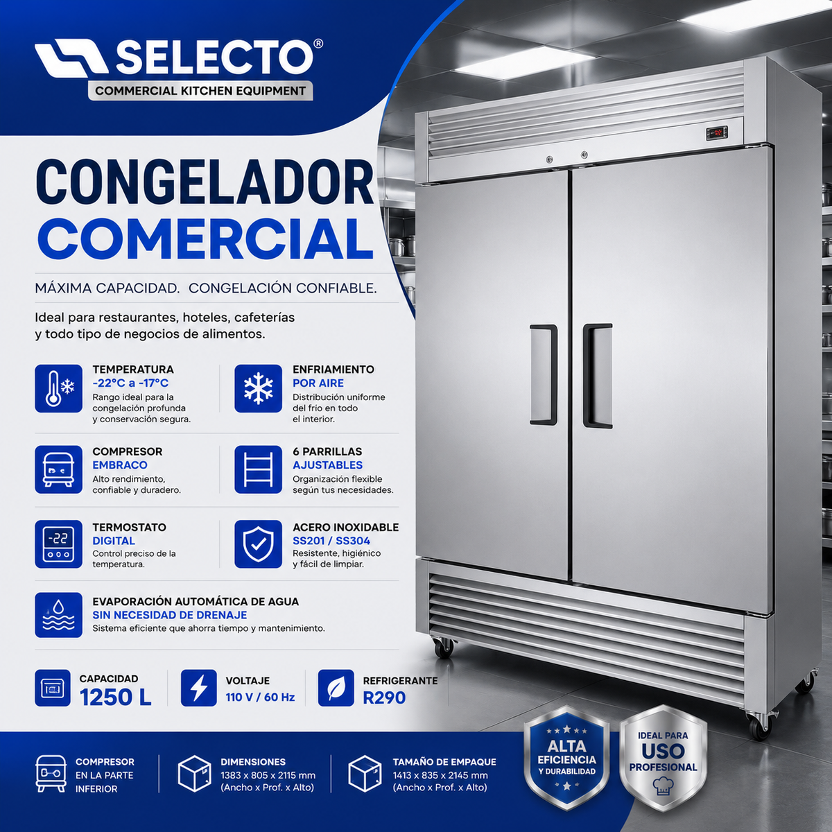 Congelador Freezer Vertical Industrial Comercial  de Acero Inoxidable 2 Puertas 1250L 110V/60Hz VERTF-02
