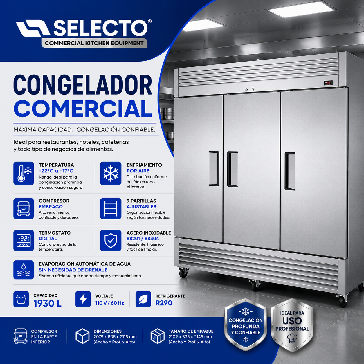 Congelador Freezer Vertical Comercial Industrial de Acero Inoxidable 3 Puertas 1930L 110V/60Hz VERTF-03