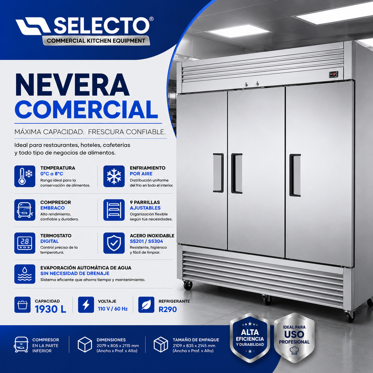 Refrigeradora Nevera Comercial Industrial de 3 Puertas Acero Inoxidable 1930L 110V/60Hz VERTR-03