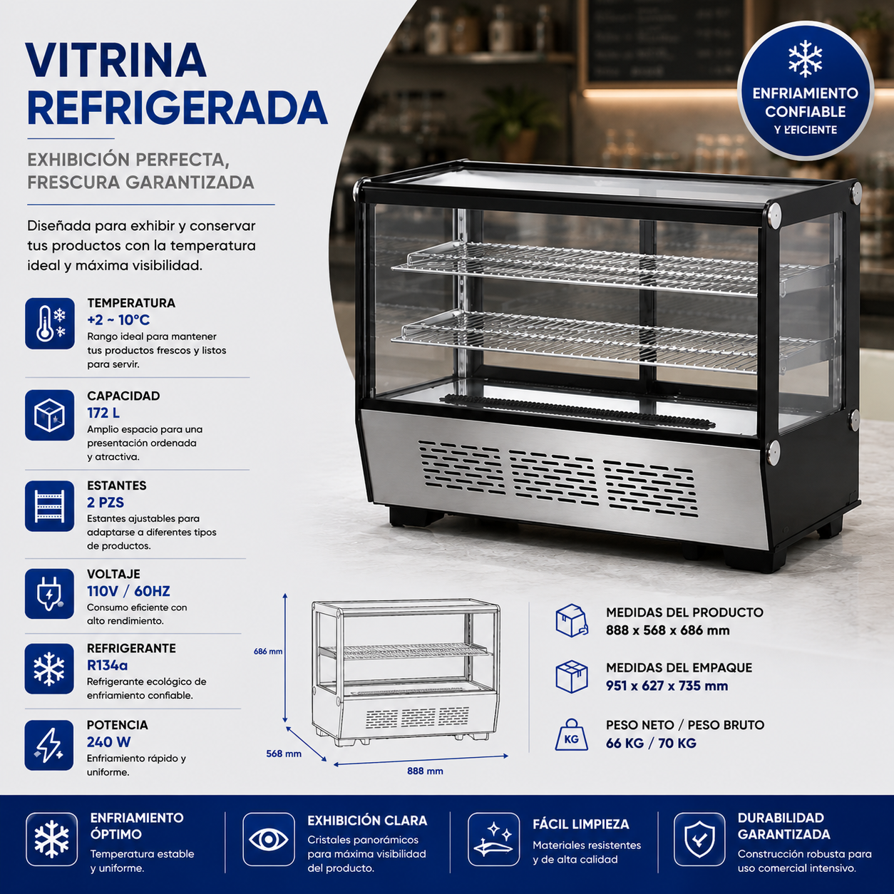 Vitrina Exhibidor Refrigerada Cuadrada de Dulce para Encimera 172L VIT-CRD90
