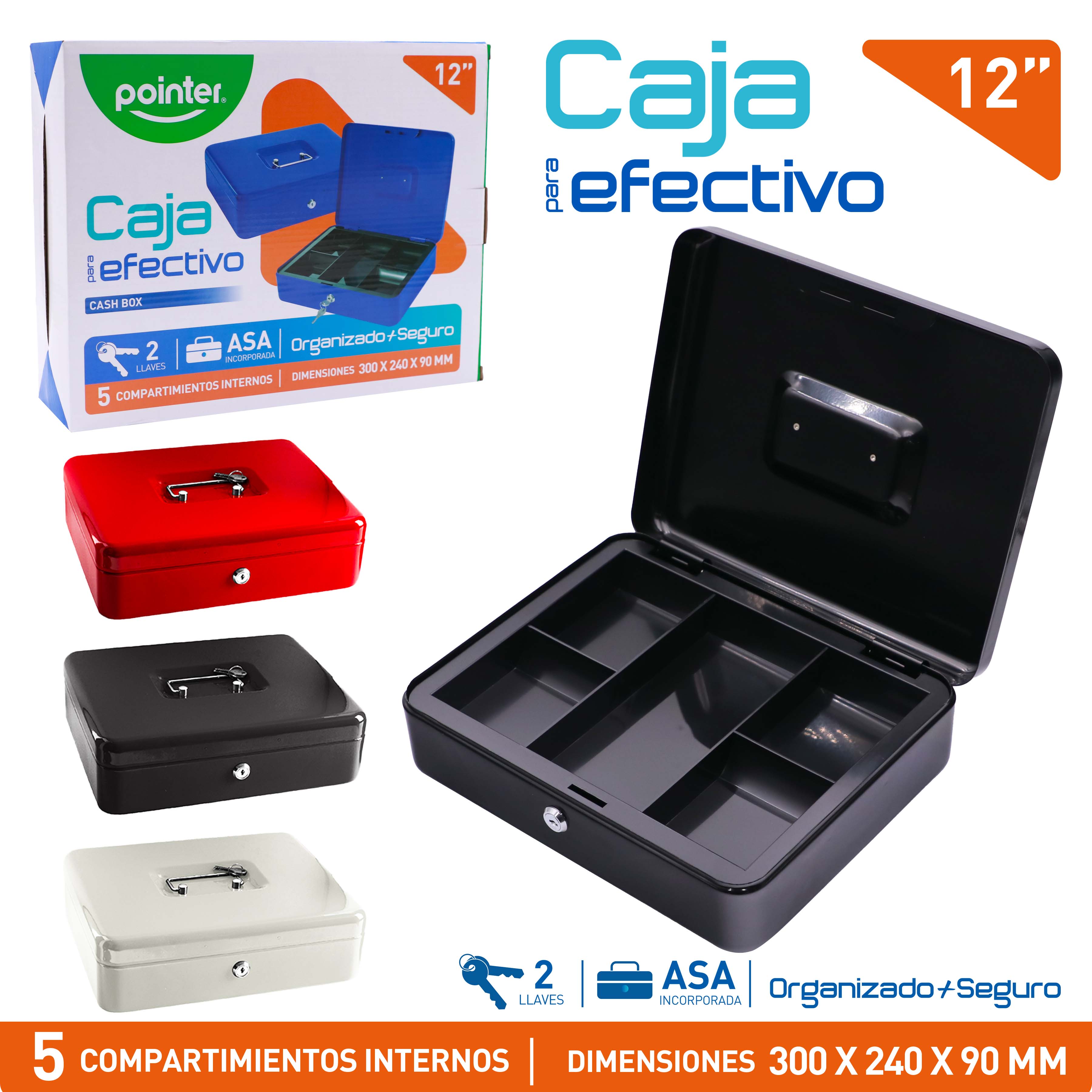(LLEGANDO 3 DE JULIO) Caja para Efectivo Dinero Pointer 12" | Caja Metálica con Llave y 5 Compartimientos YFC-30-P