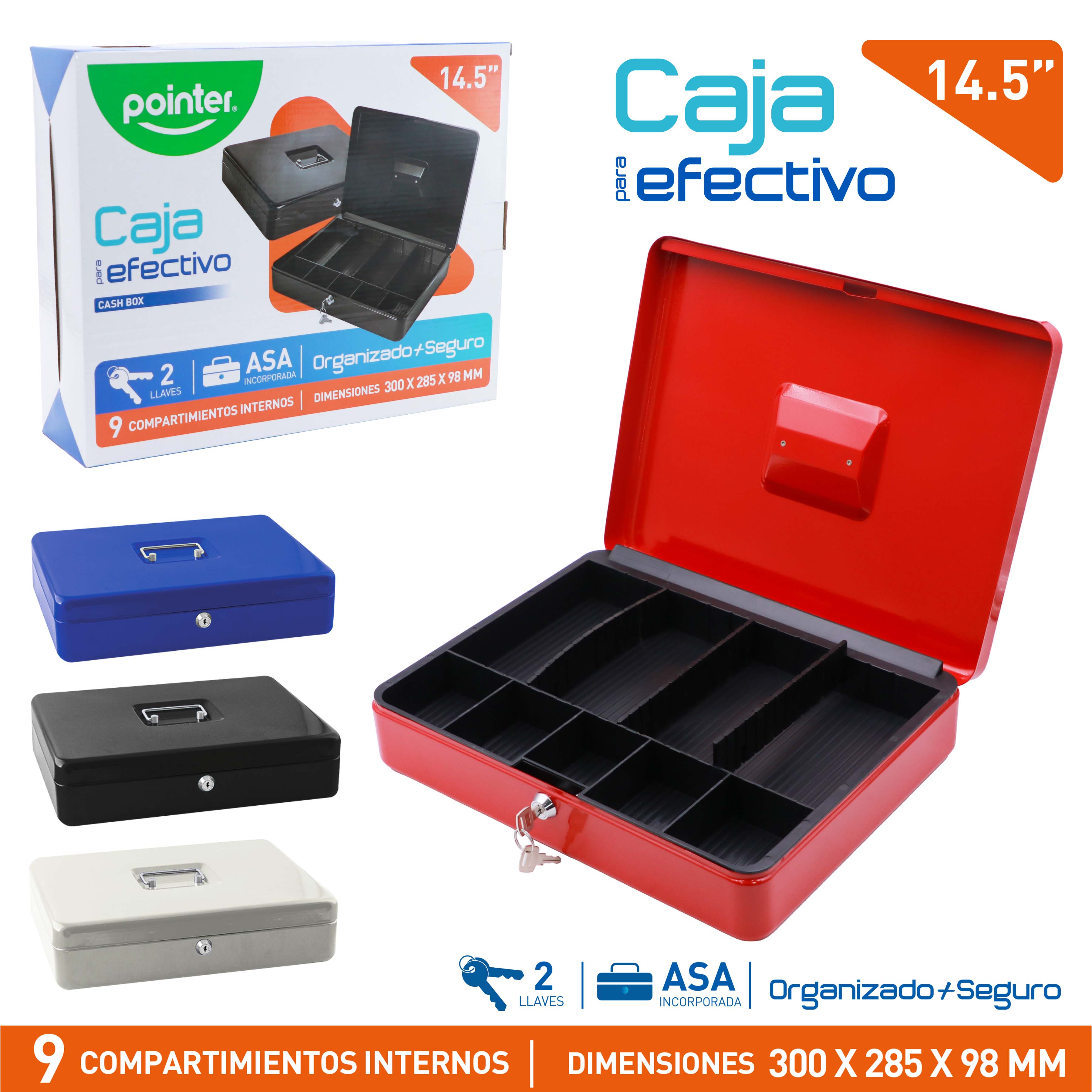(LLEGANDO 3 DE JULIO) Caja para Efectivo Dinero Pointer 14.5" | Caja Metálica con Llave y 9 Compartimientos YFC-33-P