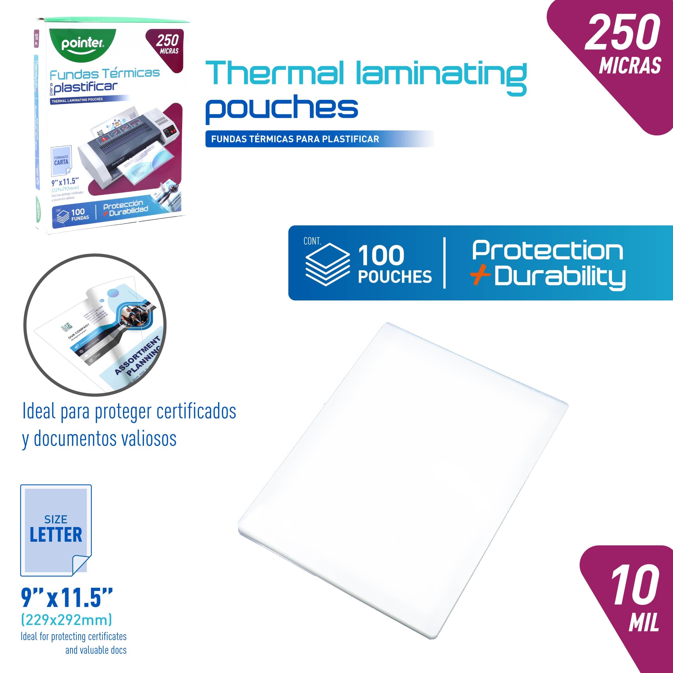 (LLEGANDO 3 DE JULIO) Fundas Térmicas para Plastificar Carta 9" x 11.5" Pointer | 250 Micras | Paquete de 100 Pointer YL-229292-4