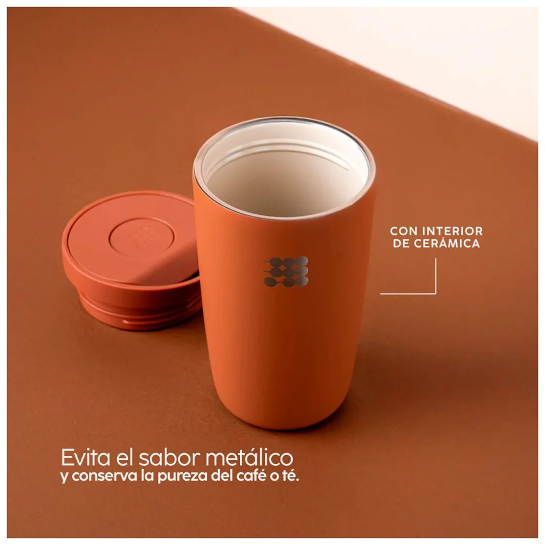 Vaso Mug Termo para Café con Interior Cerámico 12oz Tapa Press & Lift Terracota Cubitt CT-COF9O