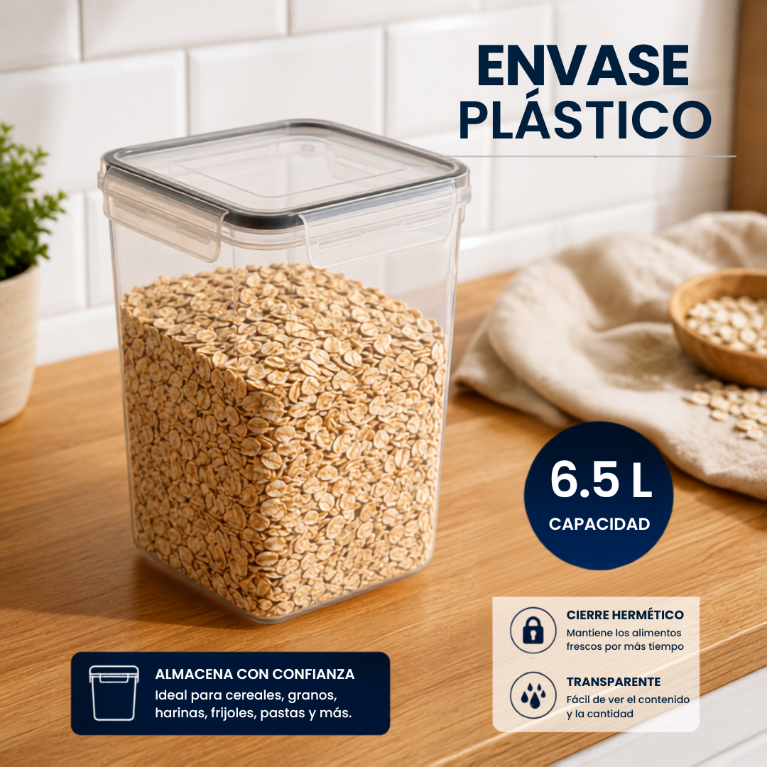 (LLEGANDO 3 DE JULIO) Envase Plástico Hermético 6.5L | Recipiente Transparente para Almacenamiento de Alimentos OM-10149